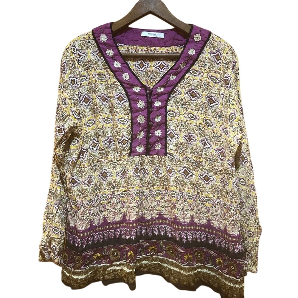 Dressbarn Blouse Womens 1X V Neck Multicolor Beaded Embroidery Boho Hippie *Flaw - Picture 1 of 11
